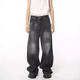 Threebooy Street Fashion American Retro Black Gray Denim Pants Trendy Denim Zipper Wide Leg Loose Straight Leg Pants
